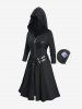 Plus Size Lace Up Grommets Star Buckle PU Leather Stripes Zip Up Hooded Coat -  