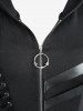 Plus Size Lace Up Grommets Star Buckle PU Leather Stripes Zip Up Hooded Coat -  