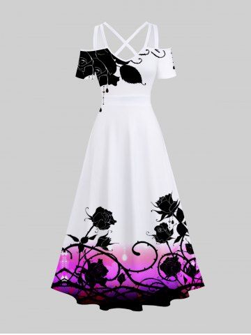 Plus Size Ink Rose Flower Leaf Vine Print Hawaii Ombre Crisscross A Line Maxi Dress - WHITE - 6X