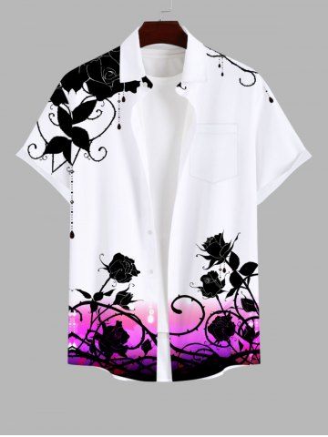 Plus Size Ink Rose Flower Leaf Vine Print Hawaii Button Pocket Shirt For Men - WHITE - S