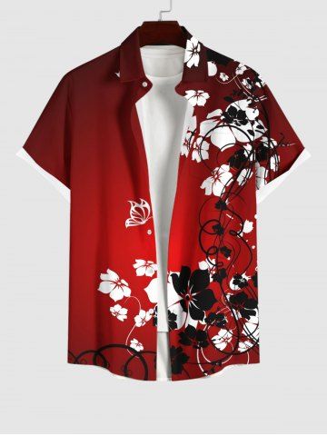 Plus Size Floral Curve Butterfly Print Hawaii Ombre Button Pocket Shirt For Men - RED - 2XL