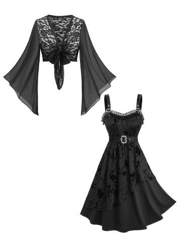 Lace Knotted Bolero Top and Floral Flocking Layered Ruffles Belted Vintage Dress Plus Size Outfit - BLACK