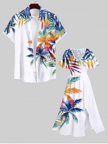 Colorful Coconut Tree Tropical Leaves Print Plus Size Matching Hawaii Beach Outfit For Couples - WHITE