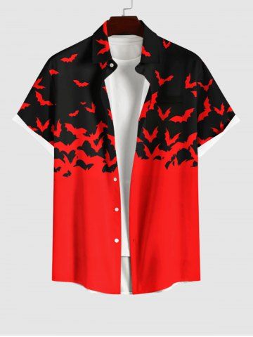 Plus Size Halloween Two Tone Colorblock Bat Print Buttons Pocket Shirt For Men - RED - S