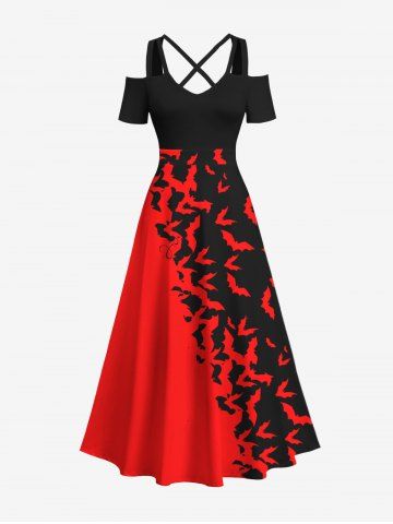 Plus Size Halloween Costume Two Tone Colorblock Bat Print Cold Shoulder Crisscross Maxi Dress - RED - L