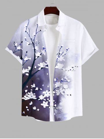 Plus Size Peach Blossom Flower Branch Ombre Colorblock Print Buttons Pocket Hawaii Shirt For Men - PURPLE - S