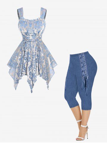 Floral Flocking Ruched Ruffles Cinched Asymmetrical Tank Top and Lace Up Denim 3D Print Capri Leggings Plus Size Summer Outfit - BLUE