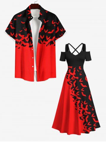 Halloween Costume Two Tone Colorblock Bat Print Plus Size Matching Outfit For Couples - RED