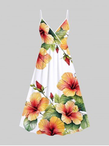 Plus Size Tropical Leaf Hibiscus Flower Print Surplice Hawaii Cami Dress - WHITE - S