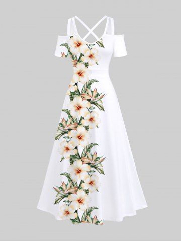 Plus Size Tropical Leaf Hibiscus Flower Print Cold Shoulder Crisscross Hawaii Maxi Dress - WHITE - M