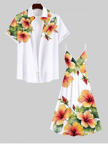 Tropical Leaf Hibiscus Flower Print Plus Size Matching Hawaii Beach Outfit For Couples - WHITE