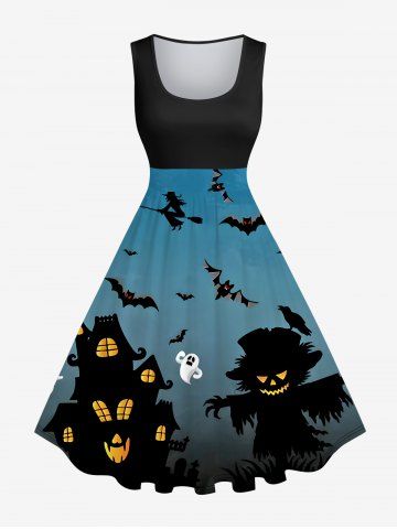 Plus Size Pumpkin Castle Ghost Bat Wizard Print Halloween Costume Vintage Swing A Line Dress - BLUE - 5X