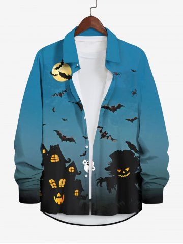 Chemise D'Halloween Boutonnée Chauve-souris Citrouille Fantôme Imprimés de Grande Taille pour Homme - BLUE - 8XL