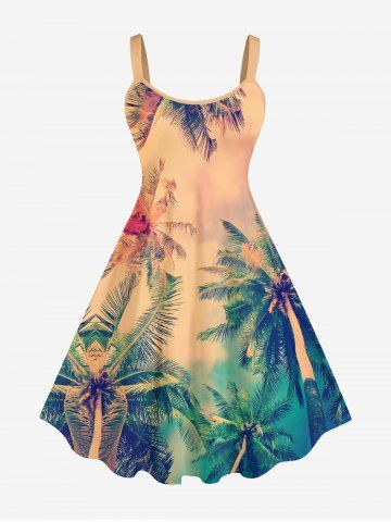 Plus Size Tropical Coconut Tree Ombre Colorblock Sky Print Hawaii Tank Dress - GREEN - 2X