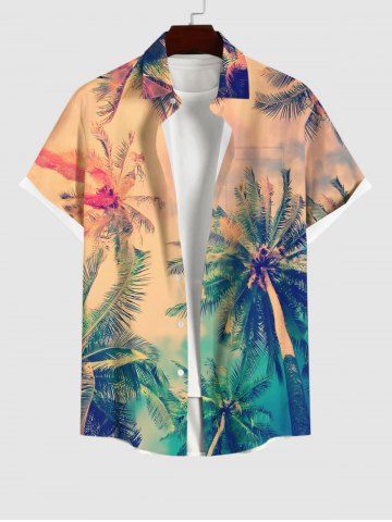 Plus Size Tropical Coconut Tree Ombre Colorblock Sky Print Buttons Pocket Hawaii Shirt For Men