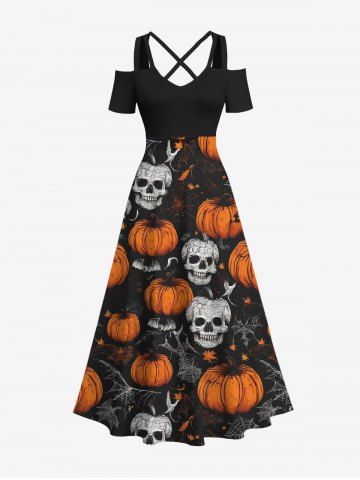 Plus Size Halloween Costume Pumpkin Skulls Bat Spider Web Print Cold Shoulder Crisscross Maxi Dress - BLACK - XS