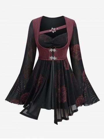 Gothic Plus Size Rose Flower Print Mesh Ruched Lace Trim Star Buckle Grommets Flare Sleeves 2 In 1 Top - BLACK - M | US 10