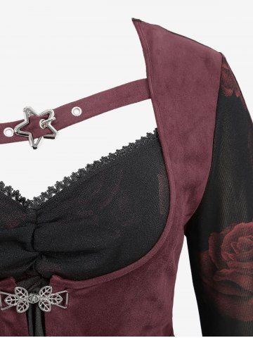 Gothic Plus Size Rose Flower Print Mesh Ruched Lace Trim Star Buckle Grommets Flare Sleeves 2 In 1 Top