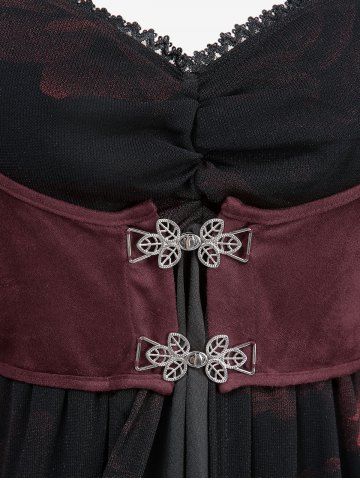 Gothic Plus Size Rose Flower Print Mesh Ruched Lace Trim Star Buckle Grommets Flare Sleeves 2 In 1 Top