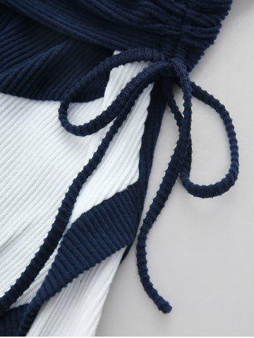 Plus Size Colorblock Patchwork Turn Down Collar Cinched One Shoulder Ribbed Textured Asymmetrical Top