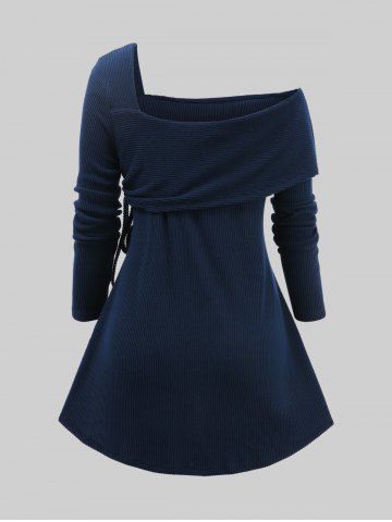 Plus Size Colorblock Patchwork Turn Down Collar Cinched One Shoulder Ribbed Textured Asymmetrical Top