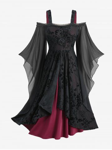 Robe Asymétrique Rose en Maille à Epaule Dénudée Grande Taille Ourlet à Volants - RED - 4X | US 26-28