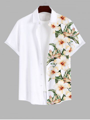 Plus Size Tropical Leaf Hibiscus Flower Print Buttons Pocket Hawaii Shirt For Men - WHITE - M