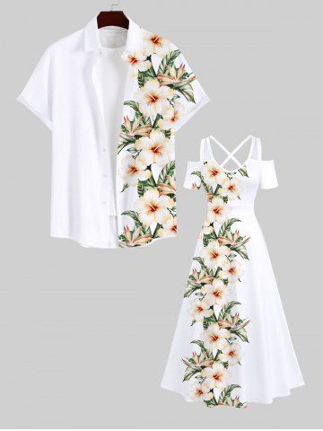 Plus Size Tropical Leaf Hibiscus Flower Print Cold Shoulder Crisscross Hawaii Maxi Dress