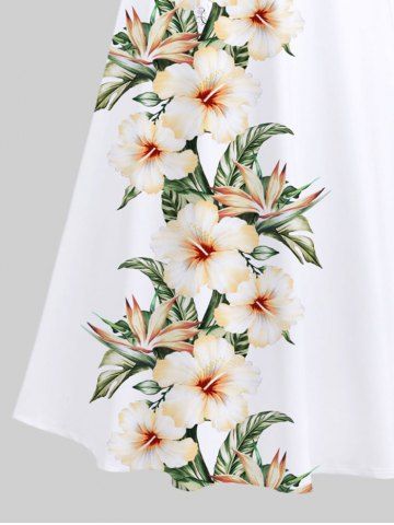 Plus Size Tropical Leaf Hibiscus Flower Print Cold Shoulder Crisscross Hawaii Maxi Dress