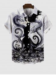 Plus Size Octopus Wizard Snake Monster Ink Painting Print Halloween Button Pocket Shirt For Men -  