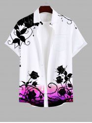 Plus Size Ink Rose Flower Leaf Vine Print Hawaii Button Pocket Shirt For Men -  