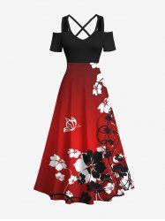 Plus Size Floral Curve Butterfly Print Hawaii Crisscross Ombre A Line Maxi Dress -  