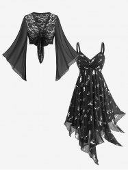 Rose Flower Lace Knotted Bolero Top and Gilding Floral Print Asymmetric Dress Plus Size Outfit -  