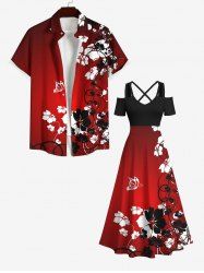 Floral Curve Butterfly Print Plus Size Matching Hawaii Beach Outfit For Couples -  