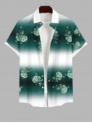 Plus Size Rose Flower Leaf Ombre Colorblock Print Buttons Pocket Hawaii Shirt For Men -  