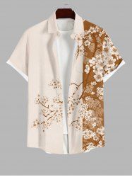 Plus Size Peach Blossom Flower Branch Colorblock Print Buttons Pocket Hawaii Shirt For Men -  