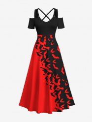 Plus Size Halloween Costume Two Tone Colorblock Bat Print Cold Shoulder Crisscross Maxi Dress -  
