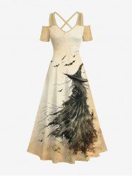 Plus Size Halloween Costume Bat Scarecrow Wizard Print Cold Shoulder Crisscross Maxi Dress -  