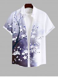 Plus Size Peach Blossom Flower Branch Ombre Colorblock Print Buttons Pocket Hawaii Shirt For Men -  
