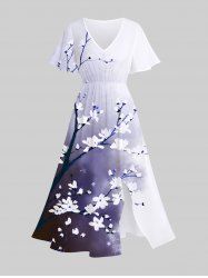 Plus Size Peach Blossom Flower Branch Ombre Colorblock Print Split Hawaii Midi Dress -  