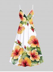 Plus Size Tropical Leaf Hibiscus Flower Print Surplice Hawaii Cami Dress -  