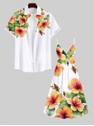 Tropical Leaf Hibiscus Flower Print Plus Size Matching Hawaii Beach Outfit For Couples -  