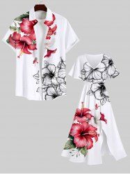 Tropical Leaf Hibiscus Flower Print Plus Size Matching Hawaii Beach Outfit For Couples -  