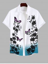 Plus Size Floral Leaf Branch Butterfly Print Hawaii Dip Dye Ombre Button Pocket Shirt For Men -  