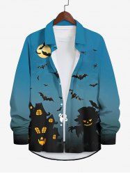 Plus Size Pumpkin Castle Ghost Bat Moon Print Halloween Button Shirt For Men -  