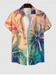 Plus Size Tropical Coconut Tree Ombre Colorblock Sky Print Buttons Pocket Hawaii Shirt For Men -  
