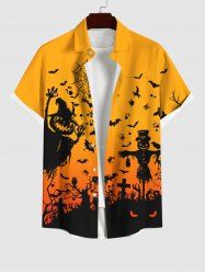 Plus Size Pumpkin Wizard Cross Bat Spider Web Print Halloween Ombre Button Pocket Shirt For Men -  