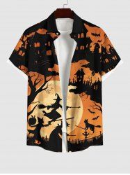 Plus Size Bat Castle Cat Wizard Tree Moon Print Halloween Button Pocket Shirt For Men -  