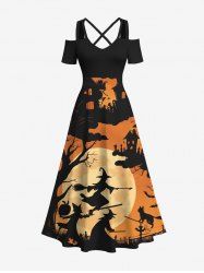 Maxi Robe D'Halloween Ligne A Croisé Chat Lune et Château Imprimés de Grande Taille - Orange Foncé 3X