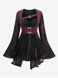 Gothic Plus Size Rose Flower Print Mesh Ruched Lace Trim Star Buckle Grommets Flare Sleeves 2 In 1 Top -  